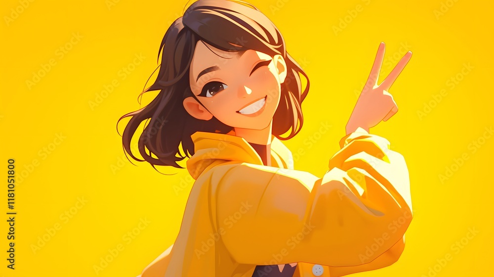 Cheerful cartoon girl in a yellow jacket in a 3D illustration