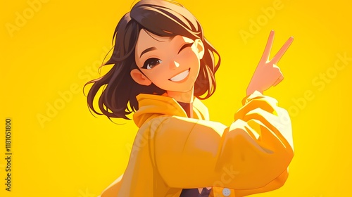 Obraz na płótnie Cheerful cartoon girl in a yellow jacket in a 3D illustration w salonie