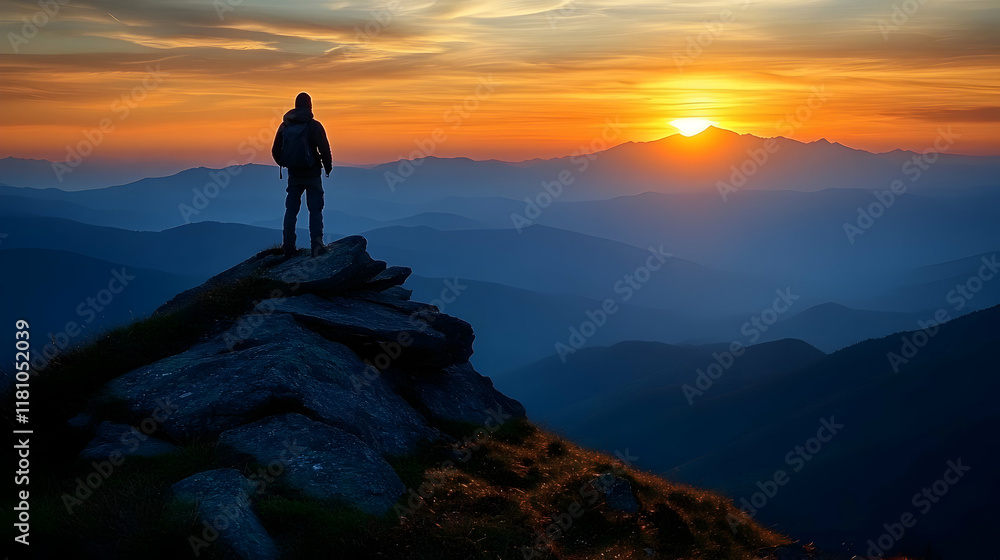 Hiker Stands on Rocky Peak Watching the Sunrise over Mountain Ranges Hiker Stands on Rocky Peak Watching the Sunrise over Mountain Ranges