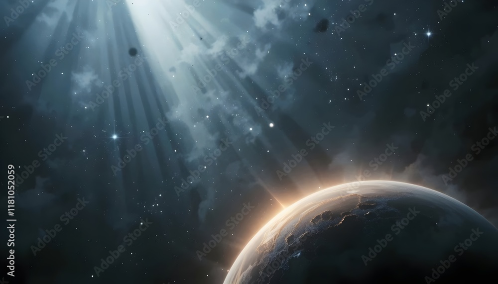 Fototapeta premium A Glowing Planet In The Bottom Corner Casts Ethereal Beams Of Light Across The Canvas, Creating Dramatic Highlights Copy Space Image