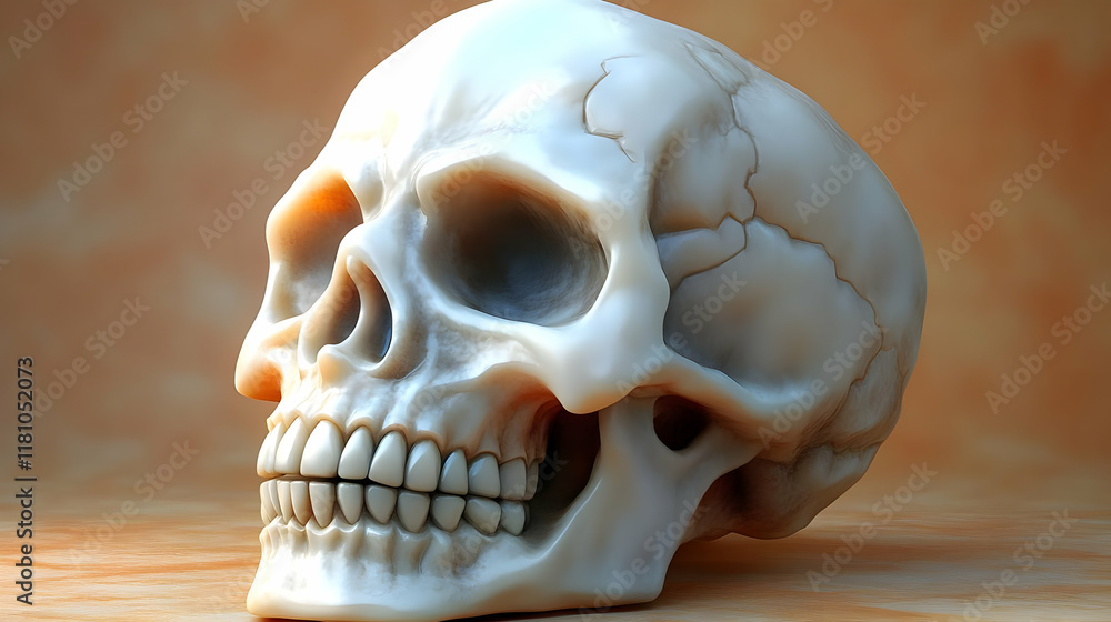 3D Rendered Skull Sits on a Wooden Surface with a Soft Orange Backdrop. 3D Rendered Skull Sits on a Wooden Surface with a Soft Orange Backdrop.