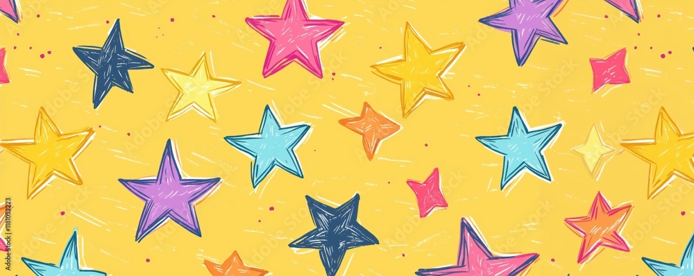 Colorful star pattern on yellow background featuring various star shapes in vibrant colors like pink, blue, purple, and yellow, copy space for text Colorful star pattern on yellow background featuring various star shapes in vibrant colors like pink, blue, purple, and yellow, copy space for text