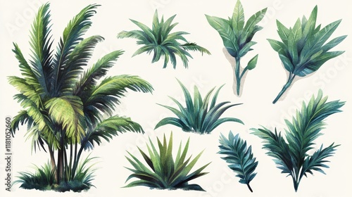 Vibrant Collection of Hand-Drawn Tropical Plants and Leaves