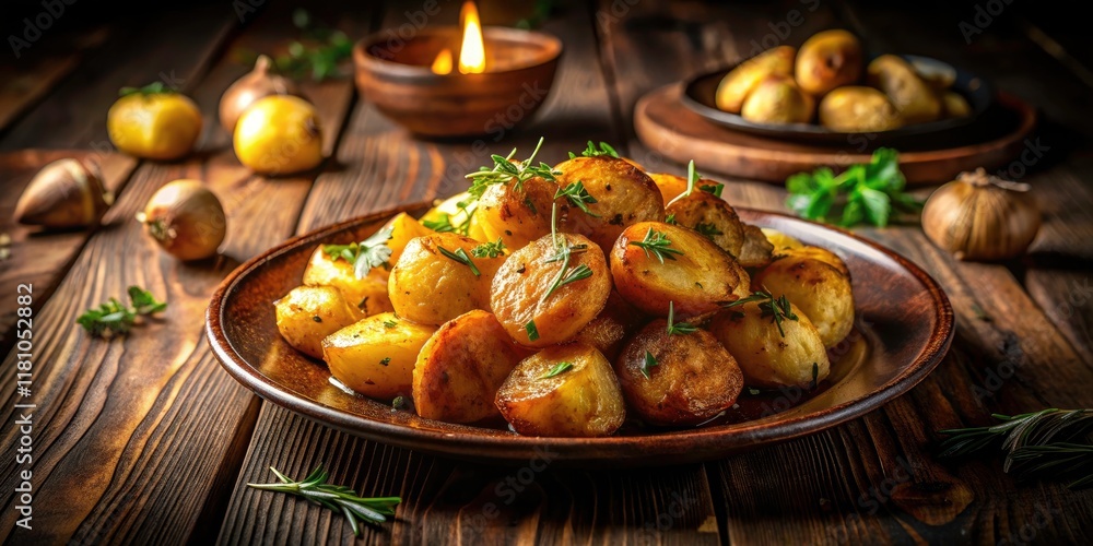Golden Brown Roasted Potatoes on Dark Wooden Table – Night Photography of Crispy Deliciousness Golden Brown Roasted Potatoes on Dark Wooden Table – Night Photography of Crispy Deliciousness