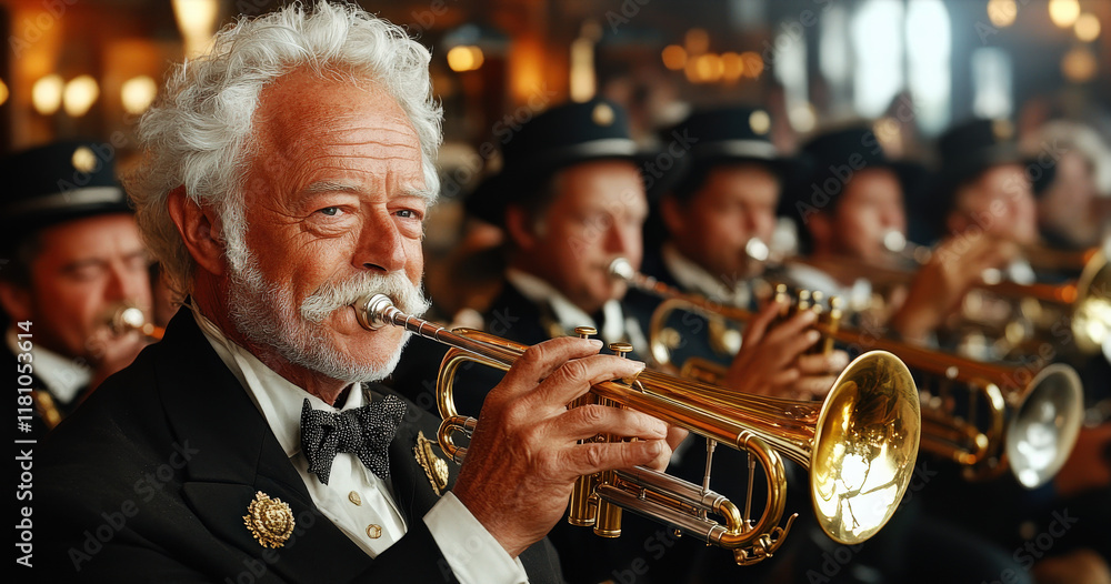 Obraz premium An elderly man with white hair playing the trumpet in a band