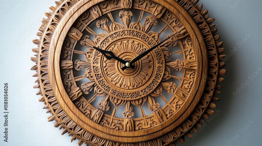 Handcrafted wooden clock featuring intricate mandala design, showcasing detailed carvings and unique artistic style. Perfect for home decor and adding elegance Handcrafted wooden clock featuring intricate mandala design, showcasing detailed carvings and unique artistic style. Perfect for home decor and adding elegance