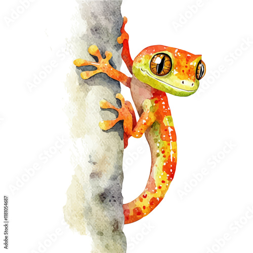 A watercolor vector painting of a gecko clinging to a wall, isolated on a white background.

