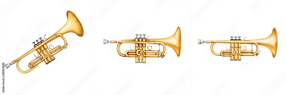 Civil war rebellion concept. Three golden trumpets lined up in a row.