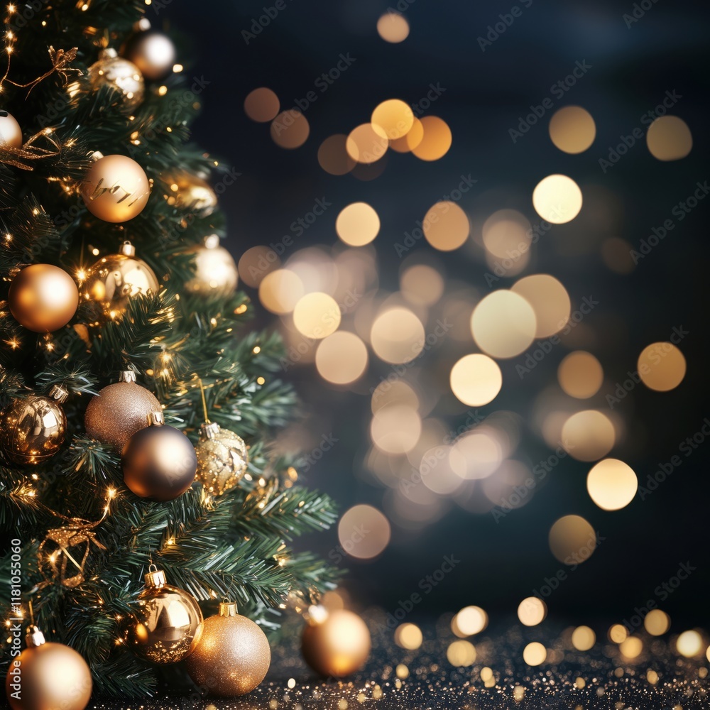 Christmas tree adorned with golden ornaments and twinkling lights, creating a festive atmosphere with blurred bokeh background, copy space for text Christmas tree adorned with golden ornaments and twinkling lights, creating a festive atmosphere with blurred bokeh background, copy space for text