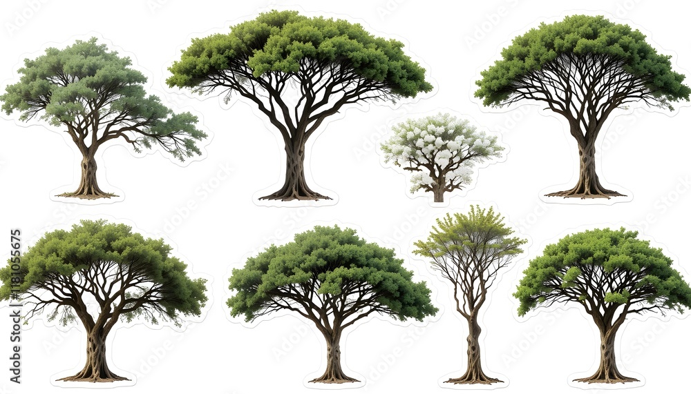 Fototapeta premium Collection of Isolated African Acacia Trees with Cutout Path for Design and Creative Use