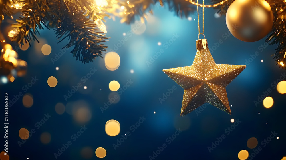 Star Christmas ornament with string lights on blue blurred background with golden lights. Christmas and New Year celebration. Winter holiday decoration Star Christmas ornament with string lights on blue blurred background with golden lights. Christmas and New Year celebration. Winter holiday decoration