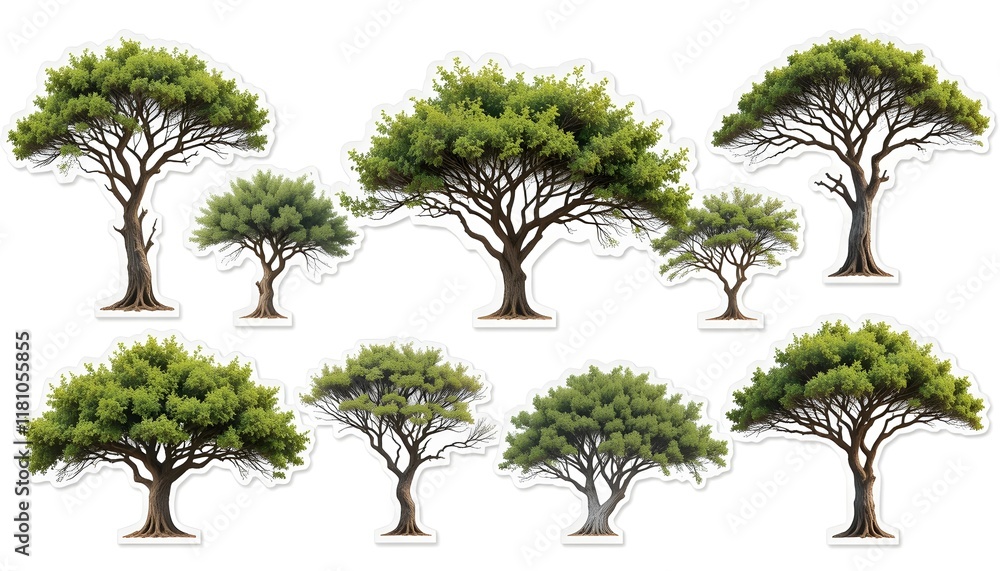 Fototapeta premium Collection of Isolated African Acacia Trees with Cutout Path for Design and Creative Use