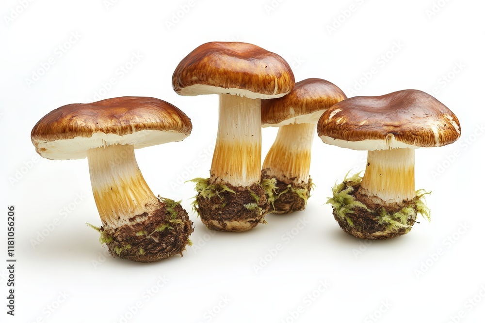 Fresh Brown Mushrooms With Green Moss on White Background Fresh Brown Mushrooms With Green Moss on White Background