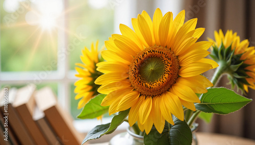 Sunflowers in vase with sunlight backdrop