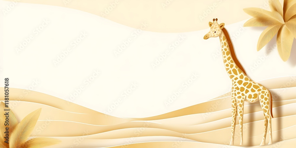 Obraz premium Giraffe in desert landscape, palm leaves background. Safari travel brochure.