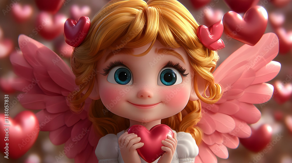 3D Cute Angel Holds a Heart with Love and Affection, Pink Wings and Golden Hair in a Dreamy Romantic Setting 3D Cute Angel Holds a Heart with Love and Affection, Pink Wings and Golden Hair in a Dreamy Romantic Setting