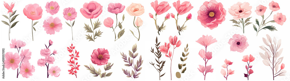 Fototapeta premium watercolor bundle set of pink flowers with green leaves, with various types of roses, daisies, etc. which are beautiful and pretty, easy to use with a white background