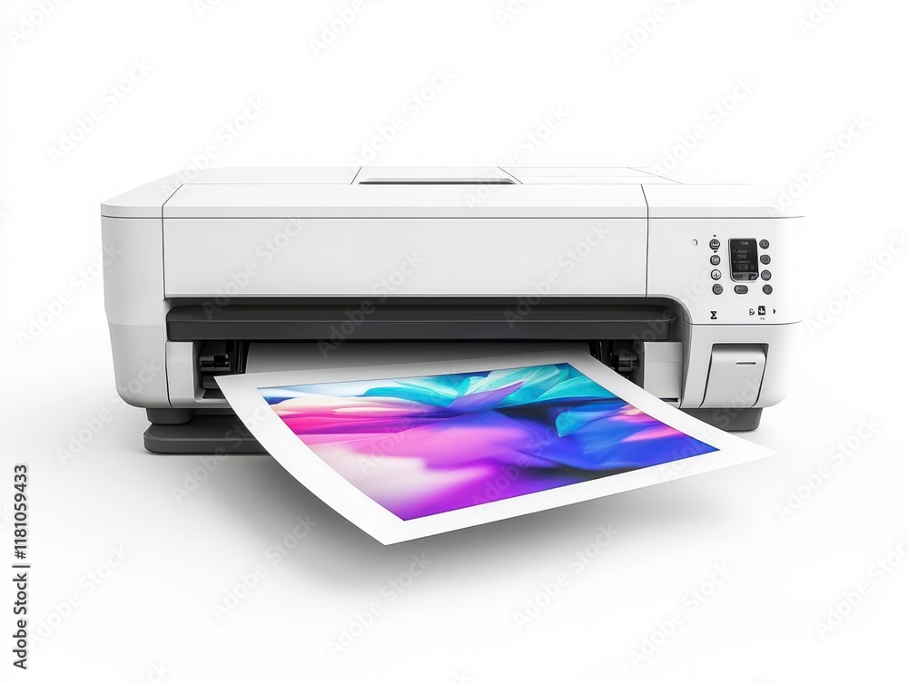 Modern White Printer with Colorful Paper Emerging from Tray Modern White Printer with Colorful Paper Emerging from Tray