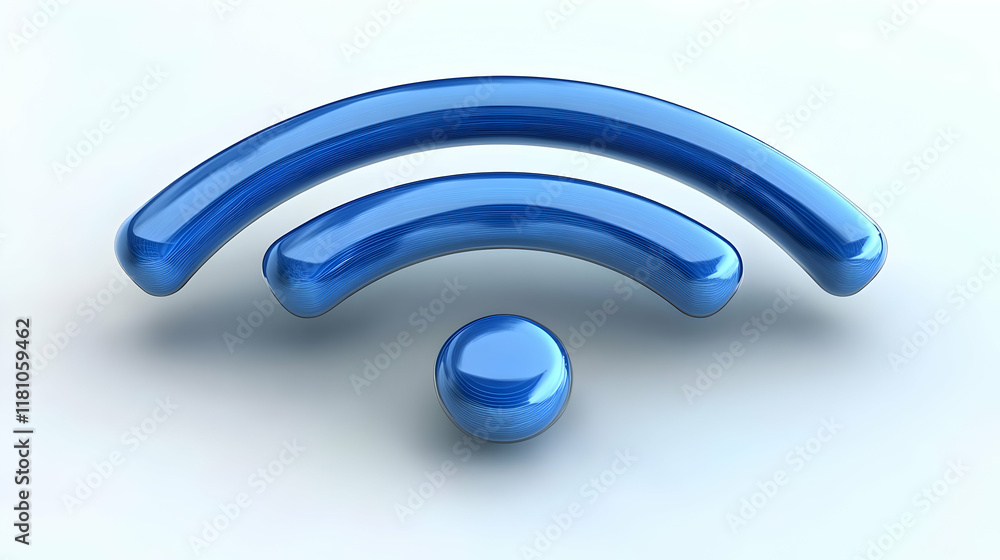 3D Glossy Blue Wi-Fi Signal Icon Represents Wireless Network Connectivity and Coverage on a Smooth White Surface. 3D Glossy Blue Wi-Fi Signal Icon Represents Wireless Network Connectivity and Coverage on a Smooth White Surface.