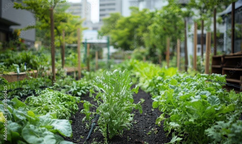 A lush urban garden with various leafy vegetables and plants. A lush urban garden with various leafy vegetables and plants.