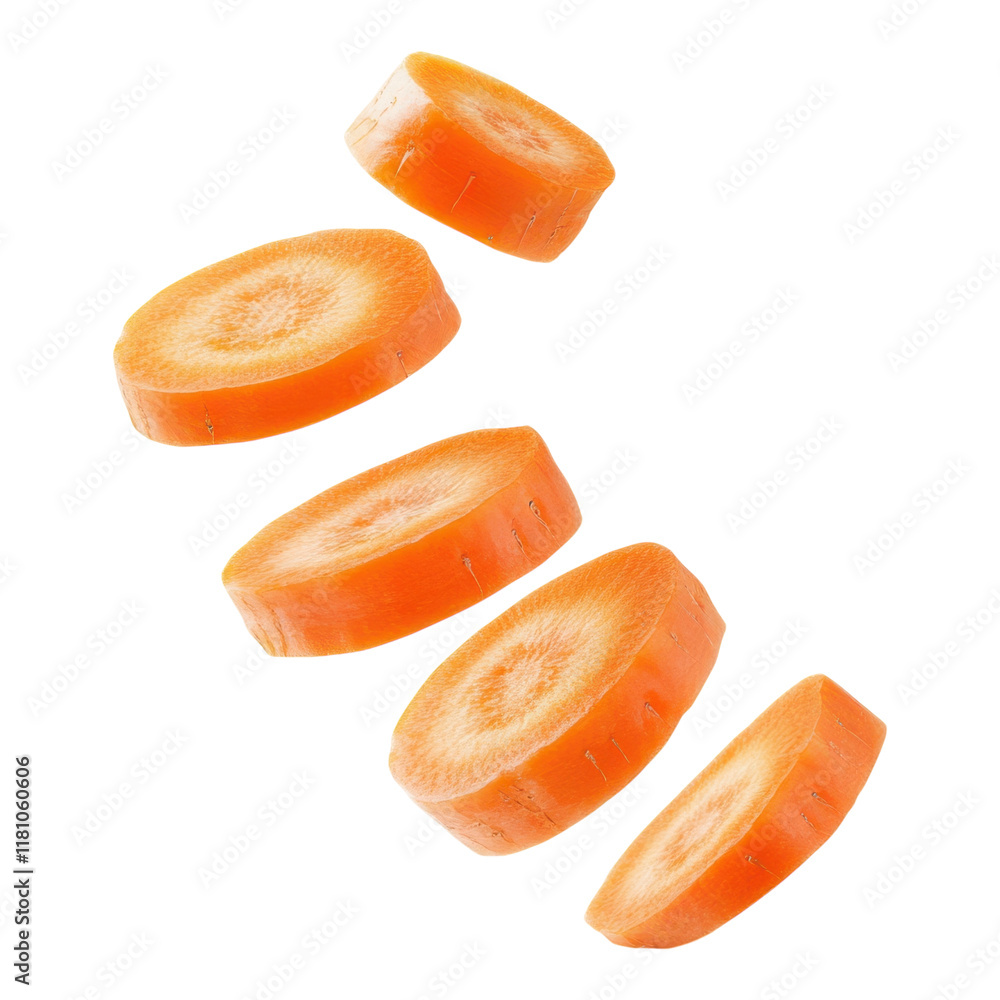 Falling Carrot Slices Isolated on White Background for Culinary Uses on Transparent Background Falling Carrot Slices Isolated on White Background for Culinary Uses on Transparent Background