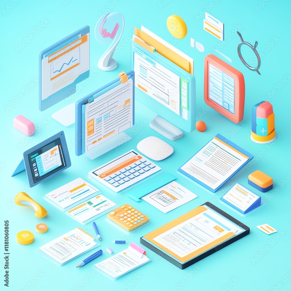 Online tax filing, vibrant screens with digital forms and financial data, 3D illustration Online tax filing, vibrant screens with digital forms and financial data, 3D illustration