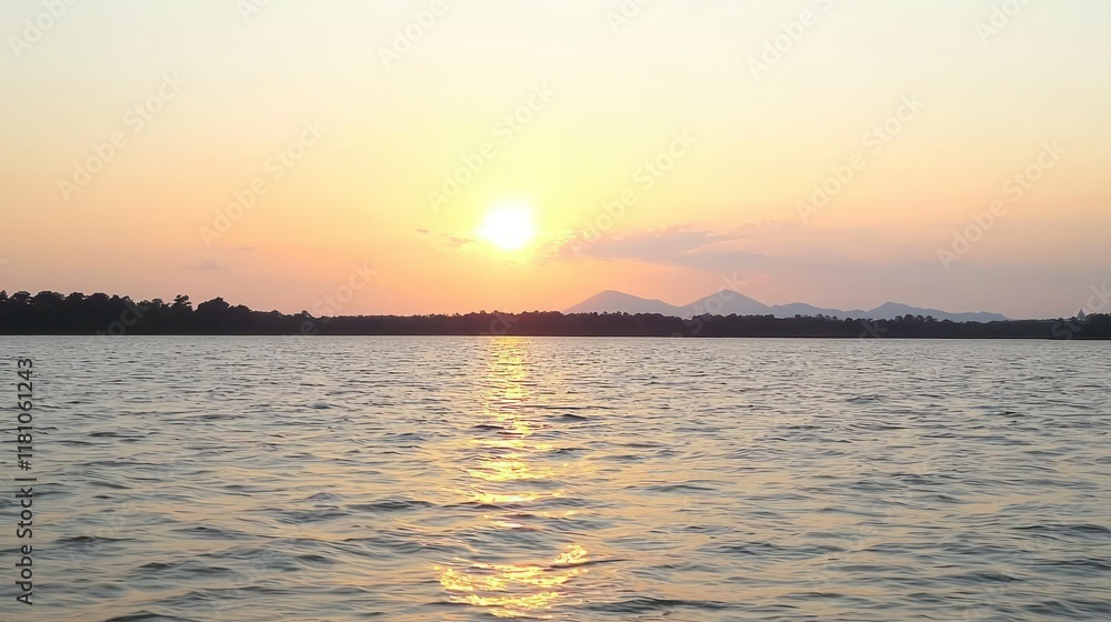 Naklejka premium Sunset over tranquil lake with distant mountains