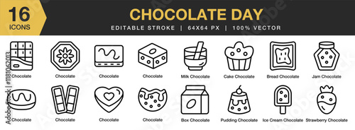 Chocolate Day icon set. Editable Stroke Icon Collection. Includes Choco, Chocolate, Food, Snack, Sweet, and More. Outline icons vector collection.