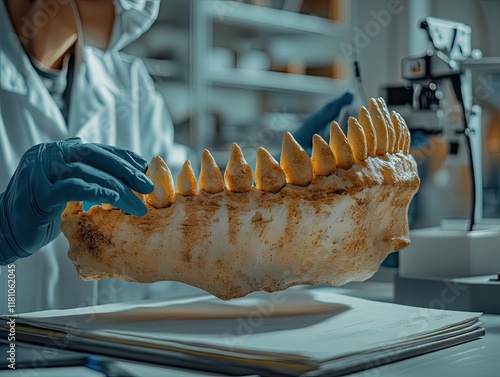 A researcher examines a large jawbone in a laboratory setting, focusing on scientific study. photo