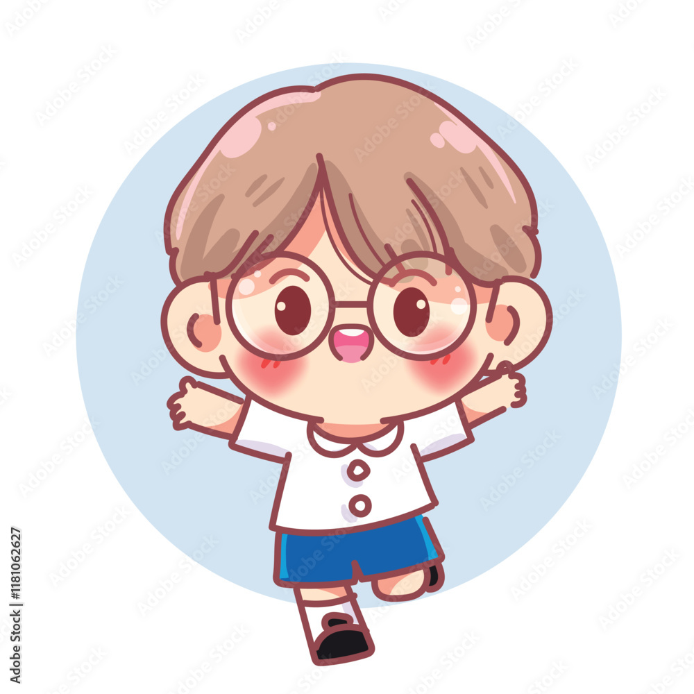 Boy in a school uniform making a cheerful and happy gesture character cartoon Vector Boy in a school uniform making a cheerful and happy gesture character cartoon Vector