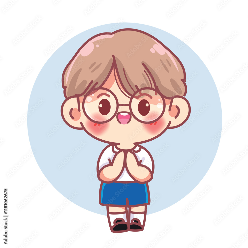 Boy in a school uniform raising his hands in greeting character cartoon Vector Boy in a school uniform raising his hands in greeting character cartoon Vector
