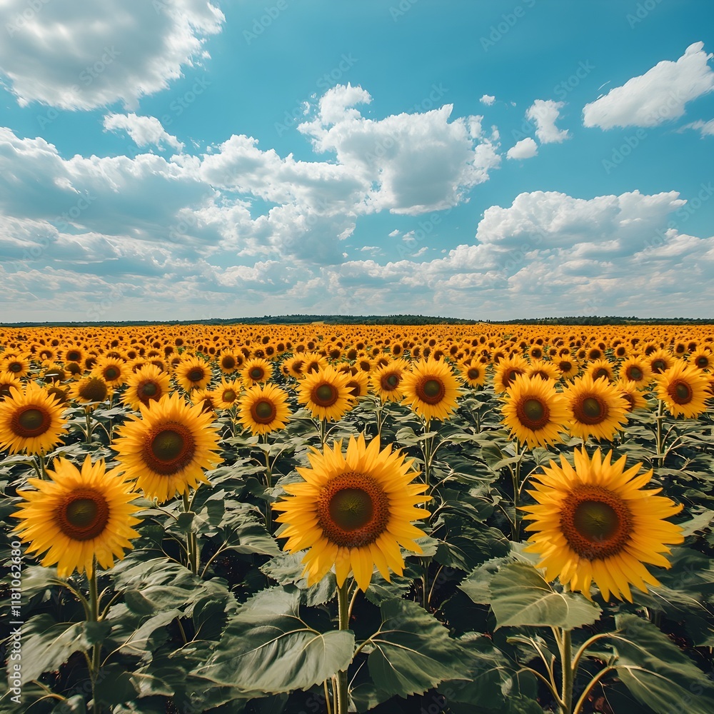 Fototapeta premium A photo of a sunflower field stretching endlessly under a bright summer sky.
