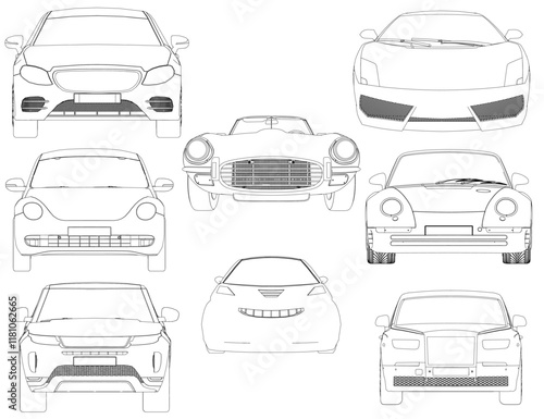 Set of outline car. The car is designed for speed and performance, with a powerful engine and aerodynamic features. Front view