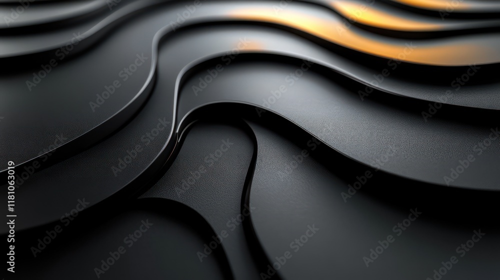Obraz premium Abstract Dark Grey Wavy Layers with Golden Highlights: A 3D Rendered Design