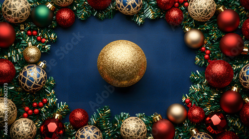 3D Illustration of Christmas Ball Icon with Holiday Decorations on Blue Background. photo