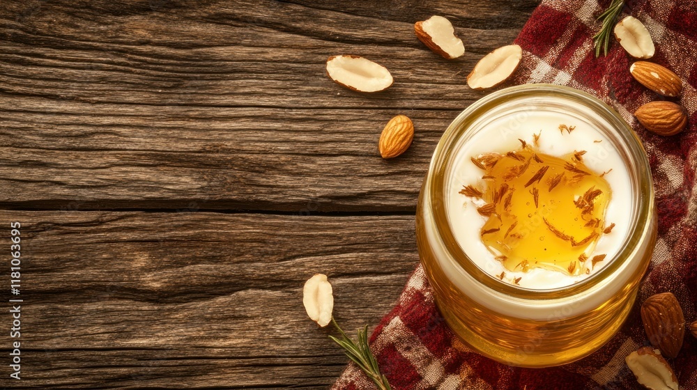 Honey and Nuts on Rustic Wooden Background Honey and Nuts on Rustic Wooden Background