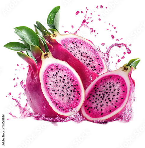 A vibrant set of splashy dragon fruit slices isolated photo