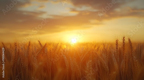 A photo of a sunset over a golden wheat field during a late summer harvest.