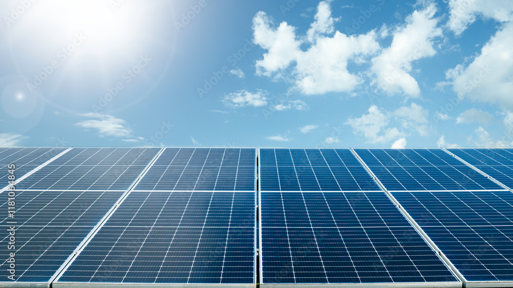 Photovoltaic solar power panel on blue sky and sunlight background. Green clean alternative and renewable energy concept. Photovoltaic solar power panel on blue sky and sunlight background. Green clean alternative and renewable energy concept.