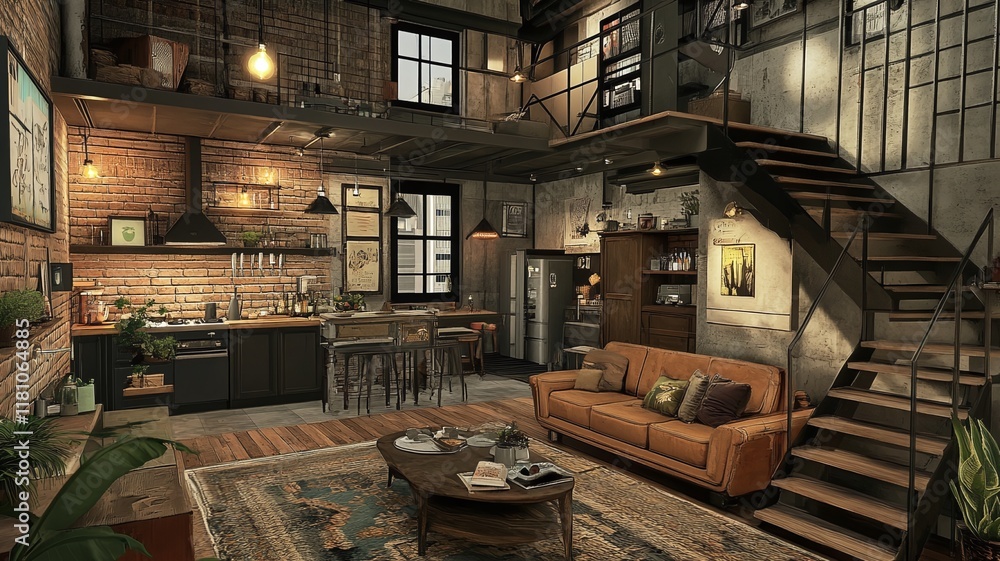 Fototapeta premium The interior design of an industrial style apartment with a mezzanine floor