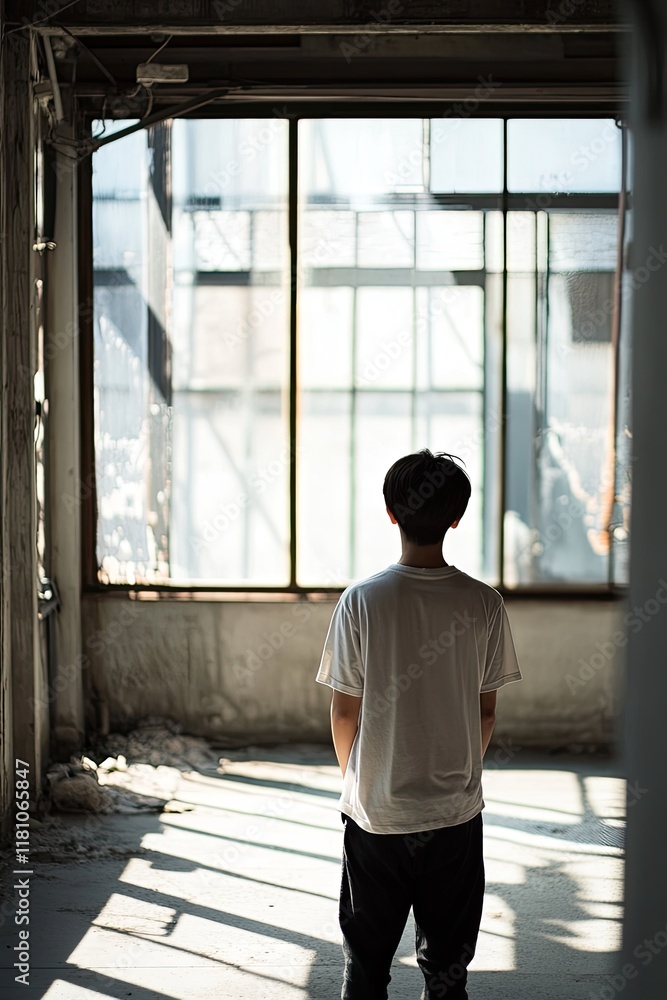 Young Person Standing in Sunlit Abandoned Room with Shadows Young Person Standing in Sunlit Abandoned Room with Shadows