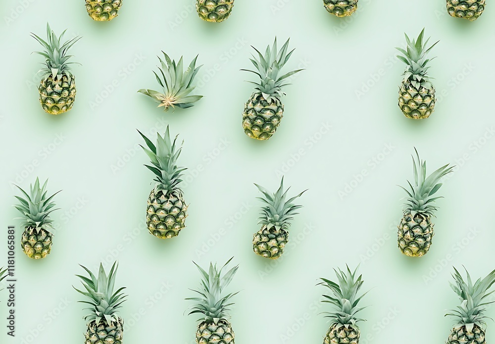 Fototapeta premium A summer seamless pattern of pineapples on a light green background