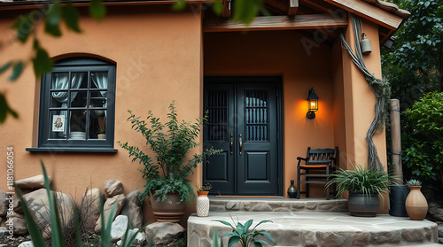 Fototapeta Naklejka Na Ścianę i Meble -  Terracotta House Exterior with Dark-framed Window and Door