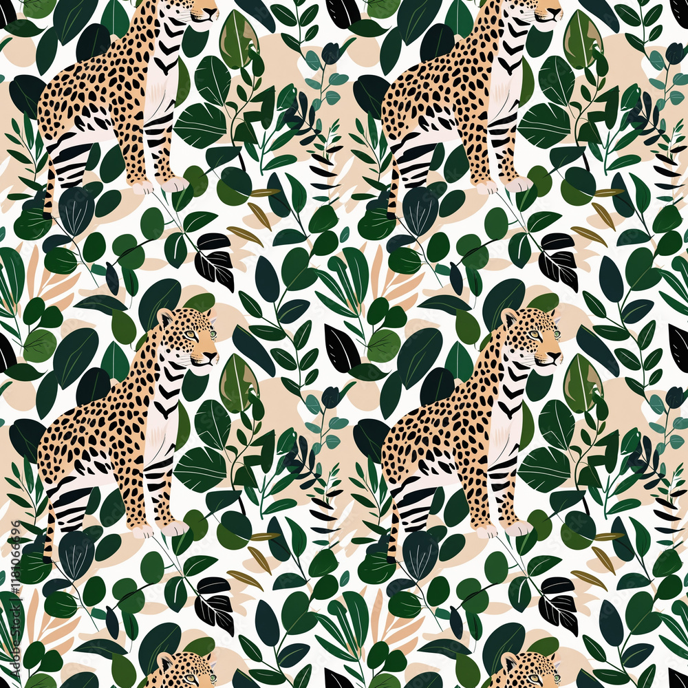 Obraz premium Tropical seamless pattern with leopards and lush greenery 
