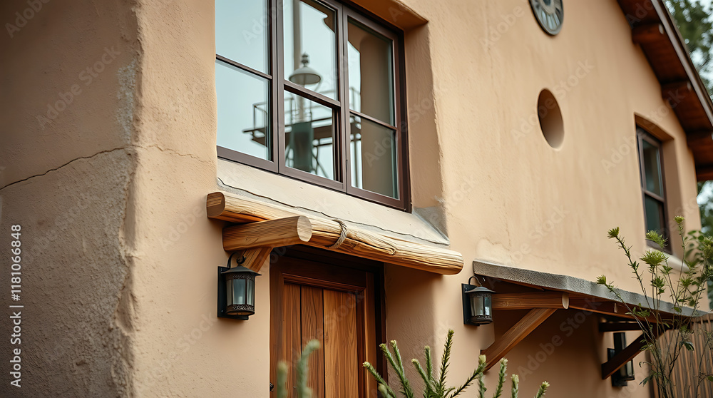 Obraz premium Tan stucco building exterior featuring a wooden awning over a wooden door, dark-brown framed windows, and small exterior lights. Plants are visible at the base.