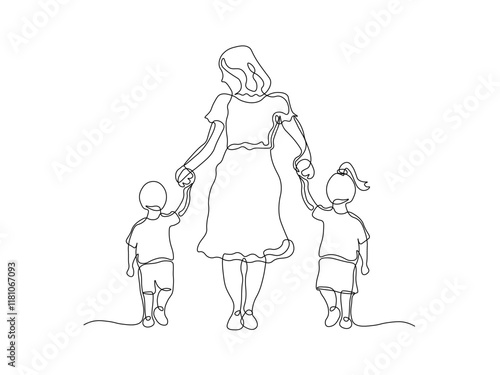 Abstract family,mother and children. continuous single line art hand drawing sketch