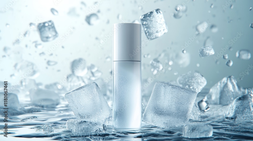 White skin care bottle with ice cubes on white background,Ice sealed skincare product,lotion,toner, skin care,Natural cosmetic products for protecting and nourishing skin of face,copy space. White skin care bottle with ice cubes on white background,Ice sealed skincare product,lotion,toner, skin care,Natural cosmetic products for protecting and nourishing skin of face,copy space.