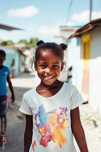 Smiling Young Girl in a Colorful T-Shirt in a Community Setting