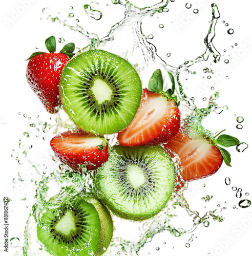 Set of fresh kiwi slices splashing with strawberry juice waves