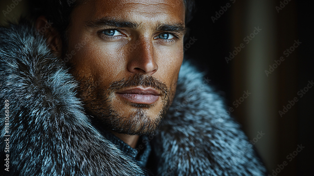 Close-up portrait of a handsome man with blue eyes wearing a fur collar. Close-up portrait of a handsome man with blue eyes wearing a fur collar.